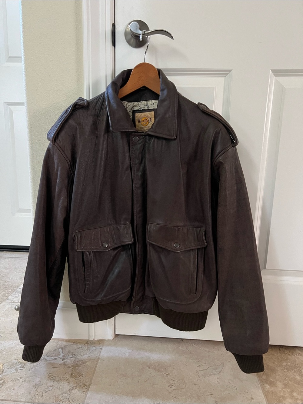 Tommy Aldridge Vintage Hard Rock Cafe Leather Bomber Jacket, Dark Brown, Men’s M